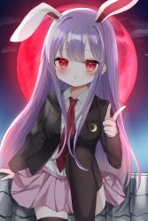 Rule 34 | 1girl, animal ears, black thighhighs, blazer, blush, crescent, feet out of frame, finger gun, full moon, glowing, highres, jacket, long hair, long sleeves, looking at viewer, miniskirt, moon, necktie, night, okome2028, pink skirt, pleated skirt, purple hair, rabbit ears, red eyes, red moon, reisen udongein inaba, shirt, sitting, skirt, solo, standing, standing on one leg, thighhighs, touhou, very long hair