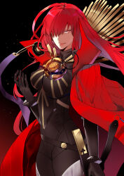 Rule 34 | 1girl, black background, black bodysuit, bodysuit, cape, chain, collared cape, crest, family crest, fate/grand order, fate (series), hair over one eye, highres, light smile, long bangs, looking to the side, medallion, monggu, oda nobunaga (fate), oda nobunaga (maou avenger) (fate), oda uri, popped collar, red cape, red eyes, red hair, solo, tight top