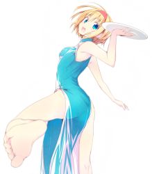 Rule 34 | 1girl, alice margatroid, alternate costume, bare arms, bare legs, bare shoulders, barefoot, blonde hair, blue dress, blue eyes, china dress, chinese clothes, dress, hairband, nirap, open mouth, side slit, sleeveless, sleeveless dress, smile, solo, touhou, tray