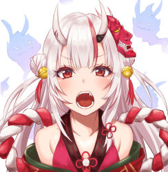 Rule 34 | 1girl, bare shoulders, bell, blush, collarbone, commentary request, double bun, fang, hair bell, hair between eyes, hair bun, hair ornament, highres, hololive, horns, jingle bell, kiukoma, kouhaku nawa, looking at viewer, mask, mask on head, multicolored hair, nakiri ayame, nakiri ayame (1st costume), oni, oni mask, open mouth, red eyes, red hair, ribbon trim, rope, shimenawa, simple background, skin-covered horns, solo, streaked hair, upper body, v-shaped eyebrows, virtual youtuber, white background, white hair