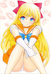 1girl aino_minako bishoujo_senshi_sailor_moon blonde_hair blue_eyes blush bow leotard leotard_peek long_hair magical_girl miniskirt multiple_girls nightmare77zx petals_in_wind red_bow sailor_venus short_sleeves sitting skirt very_long_hair