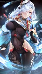 Rule 34 | 1girl, black gloves, blue eyes, blush, bodysuit, braid, breasts, clothing cutout, covered navel, elbow gloves, genshin impact, gloves, hair ornament, hair over one eye, hip vent, large breasts, long hair, long sleeves, looking at viewer, low-braided long hair, low-tied long hair, nail polish, paid reward available, partially fingerless gloves, puffy long sleeves, puffy sleeves, rei kun, shenhe (genshin impact), shoulder cutout, silver hair, solo, tabard, tassel, thighs, very long hair