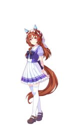 Rule 34 | 1girl, animal ears, arms behind back, breasts, brown hair, collarbone, full body, hair between eyes, hair ornament, highres, horse ears, horse girl, horse tail, long hair, looking at viewer, open mouth, school uniform, small breasts, solo, standing, still in love (umamusume), tail, tracen school uniform, umamusume