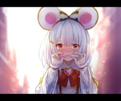 Rule 34 | 1girl, animal ears, blurry, blurry background, blush, bow, brooch, full-face blush, granblue fantasy, hair bow, hair ornament, hairclip, heart, heart brooch, highres, hika (cross-angel), jewelry, letterboxed, looking at viewer, mouse ears, pregnancy test, red eyes, short hair, silver hair, solo, tears, vikala (granblue fantasy)