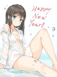 Rule 34 | 1girl, arm support, barefoot, black hair, blue eyes, blush, breasts, closed mouth, hair ornament, hairclip, highres, knee up, long hair, long sleeves, looking at viewer, na kyo, naked shirt, navel, new year, off shoulder, open clothes, open shirt, original, see-through, shirt, sitting, small breasts, smile, solo, striped, water, water drop, wet, wet clothes, white shirt