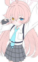 Rule 34 | 1girl, absurdres, ahoge, arm up, black gloves, blue archive, blue eyes, blue necktie, blush, chest harness, closed mouth, commentary request, fingerless gloves, furrowed brow, gloves, grey skirt, hair between eyes, halo, harness, heterochromia, highres, hoshino (blue archive), huge ahoge, long hair, long sleeves, looking at viewer, mistel (sukebemistel), necktie, outstretched arm, pink hair, plaid, plaid skirt, school uniform, selfie, shirt, shirt tucked in, simple background, skirt, solo, sweatdrop, v over eye, white background, white shirt, yellow eyes