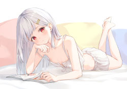 Rule 34 | 1girl, bare legs, bare shoulders, barefoot, blush, book, breasts, closed mouth, eyebrows, hair ornament, hairclip, highres, legs up, long hair, looking at viewer, lying, magazine (object), nightgown, on stomach, original, red eyes, sleeveless, small breasts, soles, solo, straight hair, the pose, white hair, yuu maraa