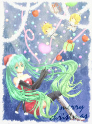 Rule 34 | 1girl, apple, bare shoulders, black gloves, black thighhighs, boots, character doll, chibi, christmas, elbow gloves, female focus, food, fruit, full body, gift, gloves, green eyes, green hair, halo, hat, hatsune miku, kagamine len, kagamine rin, kitsutsuki rin, knee boots, long hair, matching hair/eyes, santa costume, santa hat, sitting, skirt, solo, thighhighs, twintails, very long hair, vocaloid, white footwear