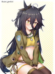 Rule 34 | 1girl, ahoge, animal ears, between legs, black hair, black ribbon, blush, bow, breasts, brown jacket, brown thighhighs, checkered background, closed mouth, commentary request, cosplay, ear ribbon, hair between eyes, hand between legs, highres, horse ears, horse girl, horse tail, jacket, long hair, long sleeves, manhattan cafe (umamusume), mayano top gun (umamusume), mayano top gun (umamusume) (cosplay), navel, open clothes, open jacket, puffy long sleeves, puffy sleeves, ribbon, short shorts, shorts, sitting, small breasts, solo, tail, thighhighs, twitter username, two side up, umamusume, very long hair, wavy mouth, white shorts, yellow eyes, yuusen (aenka)