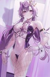 Rule 34 | 1girl, absurdres, bare shoulders, blush, breasts, cleavage, closed mouth, covered navel, cowboy shot, detached collar, double bun, fishnet pantyhose, fishnets, flower, frown, genshin impact, gloves, hair between eyes, hair bun, hair flower, hair ornament, hand on own hip, highleg, highleg leotard, highres, indol, keqing (genshin impact), large breasts, leotard, looking at viewer, low twintails, pantyhose, playboy bunny, purple eyes, purple hair, shadow, sidelocks, solo, twintails, white flower, white gloves, white leotard, white wrist cuffs, wrist cuffs