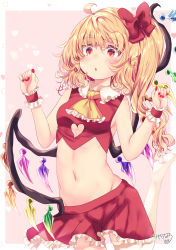 Rule 34 | 1girl, absurdres, adapted costume, ahoge, bare arms, bare shoulders, barefoot, blonde hair, border, bow, breasts, crop top, crystal, cuffs, fingernails, flandre scarlet, foot up, hair bow, highres, kemo chiharu, long hair, lowleg, lowleg skirt, midriff, miniskirt, nail polish, navel, outside border, parted lips, red eyes, red nails, red skirt, side ponytail, skirt, skirt set, small breasts, solo, stomach, touhou, white border, wings