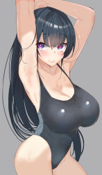 Rule 34 | 1girl, armpits, arms up, black hair, black one-piece swimsuit, blue eyes, blush, breasts, cleavage, covered navel, glowing, glowing eyes, grey background, highres, long hair, one-piece swimsuit, original, osuman toruko, simple background, smile, solo, swimsuit, wet