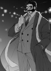 Rule 34 | 1boy, alternate costume, beard, cigar, facial hair, feet out of frame, formal, graves (league of legends), hair slicked back, jacket, karipaku, league of legends, male focus, mature male, mustache, necktie, pants, scarf, short hair, smoking, solo, standing, striped clothes, striped jacket, striped pants, suit, sunglasses, thick eyebrows
