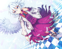 Rule 34 | 1girl, bad id, bad pixiv id, bow, bowtie, checkered floor, dress, dutch angle, feathers, furapechi, jacket, kishin sagume, long sleeves, open clothes, purple dress, red eyes, shirt, short hair, silver hair, single wing, smile, solo, touhou, wings