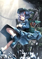 Rule 34 | 1girl, backpack, bag, blue eyes, blue hair, boots, bridge, gradient eyes, hair bobbles, hair ornament, hat, highres, holding strap, jumping, kawashiro nitori, key, matching hair/eyes, multicolored eyes, open mouth, outdoors, purple eyes, rubber boots, ryosios, short hair, skirt, skirt set, solo, splashing, tokin hat, tools, touhou, two side up, water