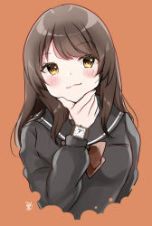 Rule 34 | 1girl, bad id, bad pixiv id, black sailor collar, black shirt, blouse, blush, bow, brown background, brown bow, brown eyes, brown hair, closed mouth, commentary request, cropped torso, fingernails, hand on own chin, highres, long hair, long sleeves, looking at viewer, minami saki, original, sailor collar, school uniform, serafuku, shirt, signature, simple background, smile, solo, stroking own chin, upper body, watch, wristwatch