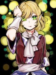 Rule 34 | 1girl, arm warmers, blonde hair, blood, blood from mouth, breasts, brown shirt, commentary, crying, crying with eyes open, green eyes, hair between eyes, hand on own head, looking at viewer, medium breasts, mizuhashi parsee, open mouth, pointy ears, sash, scarf, shirt, short hair, short sleeves, slit pupils, solo, tama (hiroshige 36), tears, touhou, upper body, white sash, white scarf