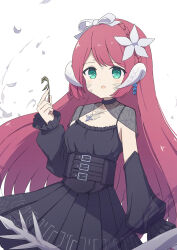 Rule 34 | 1girl, :o, arm at side, black corset, black dress, black sleeves, blush, bow, braid, breasts, cleavage, commission, corset, cowboy shot, crown braid, detached sleeves, dot nose, dress, facial mark, flower, green eyes, hair bow, hair flower, hair ornament, highres, holding, horns, jewelry, long hair, looking at viewer, open mouth, original, pendant, raised eyebrows, red hair, shrug (clothing), sidelocks, simple background, skeb commission, sleeveless, sleeveless dress, small breasts, solo, straight hair, swept bangs, tyakomes, white background, white bow, white flower, white horns