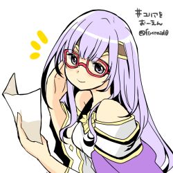 Rule 34 | 1girl, arm up, bare shoulders, circlet, dress, eyewear on head, fire emblem, fire emblem: genealogy of the holy war, glasses, holding, holding paper, julia (fire emblem), long hair, nintendo, paper, purple eyes, purple hair, smile, solo, wide sleeves, yukia (firstaid0)
