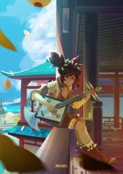 Rule 34 | architecture, arwaiel, blue sky, brown hair, closed eyes, dark skin, east asian architecture, genshin impact, guitar, highres, instrument, liyue, meditation, music, sky, smile, twintails, xinyan (genshin impact)