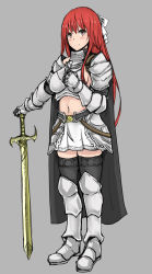 Rule 34 | 1girl, armor, breasts, cape, highres, knight, long hair, navel, red hair, simple background, skirt, solo, sword, usagi1942, weapon