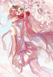 Rule 34 | 1girl, absurdres, boots, cherry blossoms, cherry hair ornament, closed eyes, day, detached sleeves, food-themed hair ornament, frilled shirt, frills, hair ornament, hatsune miku, highres, long hair, long sleeves, mouth hold, necktie, nemari (user wtca7244), number tattoo, outdoors, petal in mouth, petals, pink footwear, pink hair, pink nails, pink necktie, pink skirt, pink sleeves, pleated skirt, sakura miku, shirt, shoulder tattoo, skirt, sleeveless, sleeveless shirt, solo, standing, tattoo, thigh boots, twintails, vocaloid, white shirt