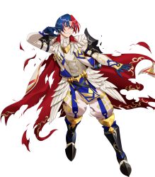 Rule 34 | 1boy, alear (engaging fire) (fire emblem), black footwear, blue eyes, blue gloves, blue hair, cape, circletewhite cape, damaged, fire emblem, fire emblem engage, gloves, gold trim, heterochromia, highres, mikurou (nayuta), multicolored cape, multicolored clothes, nintendo, non-web source, official alternate costume, pelvic curtain, red cape, red eyes, red hair, solo, torn cape, torn clothes