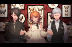 Rule 34 | 1girl, 2boys, arm behind head, bare shoulders, black hair, black shirt, black vest, blouse, boy sandwich, brown hair, bug, butterfly, closed eyes, closed mouth, collared shirt, corsage, detached sleeves, dress, dress shirt, emma (yakusoku no neverland), facing viewer, flower, framed insect, grey hair, hand grab, head tilt, insect, j 315 (jean), letterboxed, multiple boys, neck tattoo, norman (yakusoku no neverland), number tattoo, orange hair, outstretched hand, picture frame, pin, pinned, ray (yakusoku no neverland), red flower, red rose, ribbon trim, rose, sandwiched, shirt, stab, string, swept bangs, tattoo, upper body, vest, waistcoat, wallpaper (object), white dress, white neckwear, white shirt, yakusoku no neverland