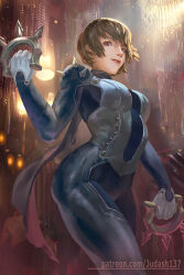 Rule 34 | 1girl, black bodysuit, bodysuit, braid, breasts, brown hair, closed mouth, crown braid, gloves, highres, holding, holding weapon, judash137, looking at viewer, medium breasts, muscular, muscular female, niijima makoto, persona, persona 5, red eyes, scarf, short hair, shoulder spikes, smile, solo, spikes, standing, thick thighs, thighs, toned, weapon, white gloves
