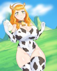 Rule 34 | 1girl, absurdres, animal print, bell, black clover, breasts, cleavage, collar, cow, cow girl, cow horns, cow print, cowbell, gloves, green eyes, highres, horns, large breasts, linkxs, long hair, milk, mimosa vermillion, neck bell, orange hair, thighhighs