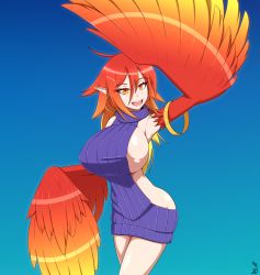 Rule 34 | 1girl, arm up, armlet, bad id, bad pixiv id, blonde hair, blue background, breasts, commentary, earrings, english commentary, feathers, gradient background, gradient hair, gradient wings, harpy, highres, hoop earrings, jewelry, large breasts, long hair, meme attire, monster girl, multicolored hair, multicolored wings, open mouth, original, pointy ears, purple sweater, red feathers, red hair, sharon kos, sideboob, solo, sweater, virgin killer sweater, winged arms, wings, yellow eyes, yellow feathers