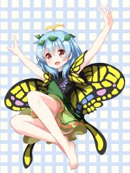 Rule 34 | 1girl, :d, arms up, barefoot, blue hair, butterfly wings, eternity larva, feet, full body, hair between eyes, highres, insect wings, leaf, leaf on head, leaning forward, o/, open mouth, outstretched arms, red eyes, ruu (tksymkw), short hair, short sleeves, smile, solo, touhou, wings