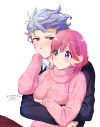 Rule 34 | 1boy, 1girl, artist name, blush, breasts, collared shirt, couple, dated, grey hair, grey sweater, hair between eyes, hand on another&#039;s cheek, hand on another&#039;s face, hetero, highres, hug, hug from behind, krudears, long sleeves, medium breasts, medium hair, pink hair, pink sweater, protagonist (tokimemo gs3), purple eyes, red eyes, shirt, shitara seiji, short hair, smile, sweater, tokimeki memorial, tokimeki memorial girl&#039;s side 3rd story, turtleneck, turtleneck sweater, twitter username, upper body, white background, white shirt