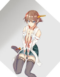 Rule 34 | 10s, 1girl, bare shoulders, blue eyes, boots, brown hair, detached sleeves, hands on own chest, hiei (kancolle), hiei kai ni (kancolle), highres, kantai collection, looking at viewer, nontraditional miko, plaid, plaid skirt, short hair, sitting, sketch, skirt, solo, soramame926, thigh boots, thighhighs, thighs, wide sleeves