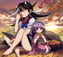 Rule 34 | 2girls, ahoge, alternate hair length, alternate hairstyle, barefoot, black hair, blue bow, blue bowtie, blush, bow, bowl, bowtie, closed mouth, cone horns, dress, evening, food, fruit, holding, holding food, holding fruit, horns, japanese clothes, kijin seija, kimono, looking at another, looking at viewer, multicolored hair, multiple girls, no headwear, obi, outdoors, persimmon, pink hair, puffy short sleeves, puffy sleeves, purple hair, red eyes, red hair, sash, short hair, short sleeves, sitting, streaked hair, sukuna shinmyoumaru, syope, toes, touhou, white hair, wide sleeves