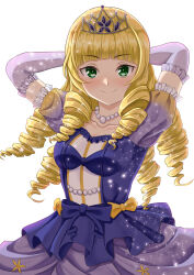 Rule 34 | 1girl, absurdres, arms behind head, arms up, blonde hair, blunt bangs, blush, breasts, closed mouth, commentary request, dress, drill hair, elbow gloves, facing viewer, gloves, green eyes, heanna sumire, highres, jewelry, long hair, love live!, love live! superstar!!, necklace, nonfiction!! (love live!), pearl necklace, puffy short sleeves, puffy sleeves, purple dress, short sleeves, simple background, small breasts, smile, solo, tiara, upper body, white background, white gloves, yachan