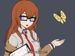 Rule 34 | 1girl, :d, bespectacled, black-framed eyewear, blue eyes, blush, breasts, brown hair, brown jacket, bug, butterfly, collared shirt, english text, glasses, grey background, hair between eyes, insect, is this a pigeon (meme), jacket, long hair, long sleeves, looking at viewer, makise kurisu, medium breasts, meme, necktie, off shoulder, open mouth, pantyhose, red necktie, shellvi, shirt, shorts, simple background, smile, solo, steins;gate, subtitled, unfinished, upper body, white shirt