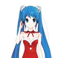Rule 34 | 1girl, bad id, bad twitter id, blue eyes, blue hair, bow, christmas, domo1220, hatsune miku, headphones, long hair, matching hair/eyes, scrunchie, smile, solo, strapless, twintails, very long hair, vocaloid, white background