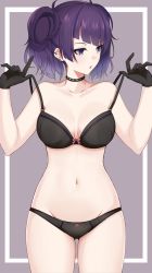 Rule 34 | 1girl, :o, bare arms, bare shoulders, black bra, black gloves, black panties, bra, breasts, breasts apart, choker, collarbone, cowboy shot, diagonal bangs, earrings, gloves, gluteal fold, groin, hands up, highres, idolmaster, idolmaster shiny colors, jewelry, lipstick, long hair, looking away, makeup, medium breasts, navel, panties, parted lips, purple eyes, purple hair, sidelocks, solo, standing, stomach, strap pull, sukebewe, tanaka mamimi, thighs, twintails, underwear, underwear only