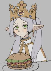 Rule 34 | 1girl, burger, burger king, capelet, cheese, closed mouth, crown, earrings, elf, fast food, food, frieren, green eyes, grey hair, jewelry, lettuce, pantsu-ripper, plate, pointy ears, solo, sousou no frieren, tomato, tomato slice, twintails, white capelet
