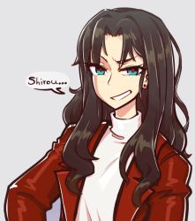 Rule 34 | 1boy, 1girl, aged up, black hair, blazer, blue eyes, earrings, fate/stay night, fate (series), grey background, grin, hair down, jacket, jewelry, long hair, looking at viewer, simple background, smile, solo, tenk, tohsaka rin, turtleneck