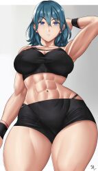 Rule 34 | 1girl, abs, absurdres, arc edo11, arm up, blue eyes, blue hair, breasts, byleth (female) (fire emblem), byleth (fire emblem), fire emblem, fire emblem: three houses, from below, gym shorts, highres, large breasts, looking at viewer, muscular, muscular female, nintendo, parted lips, shorts, solo, toned