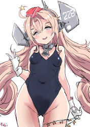 Rule 34 | 1girl, ahoge, bell, black one-piece swimsuit, blonde hair, breasts, cameltoe, cleft of venus, covered navel, cowboy shot, drum (kancolle), fuji (pixiv24804665), garrison cap, gloves, grey eyes, hair ornament, hair rings, hat, headgear, highleg, highleg swimsuit, highres, kantai collection, long hair, neck bell, one-piece swimsuit, open mouth, parted bangs, red hat, round teeth, simple background, small breasts, smile, solo, star (symbol), star hair ornament, swimsuit, swimsuit under clothes, teeth, upper teeth only, v, white background, white gloves
