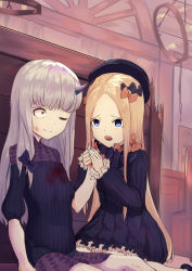 Rule 34 | 2girls, abigail williams (fate), black bow, black dress, blonde hair, blue eyes, bow, bruise, bruise on face, closed mouth, commentary request, dress, fate/grand order, fate (series), hair bow, hank10111213, hat, horns, injury, kneeling, lavinia whateley (fate), long hair, long sleeves, multiple girls, multiple hair bows, one eye closed, open mouth, orange bow, parted bangs, polka dot, polka dot bow, single horn, sitting, smile