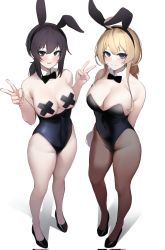 Rule 34 | 2girls, animal ears, bare legs, bare shoulders, black bow, black bowtie, blonde hair, blue eyes, blush, bow, bowtie, breasts, brown eyes, brown hair, cleavage, collarbone, corrupted twitter file, cross pasties, detached collar, fake animal ears, from above, high heels, highres, large breasts, leotard, looking at viewer, looking up, multiple girls, nine (kanine41), nontraditional playboy bunny, original, pantyhose, parted lips, pasties, playboy bunny, rabbit ears, simple background, smile, topless, v, virtual youtuber, white background