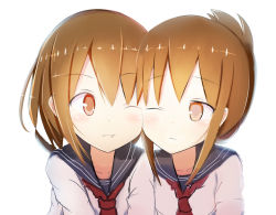 Rule 34 | 10s, 2girls, ;), bad id, bad pixiv id, blush, brown eyes, brown hair, cheek-to-cheek, collarbone, eye contact, fang, folded ponytail, heads together, ikazuchi (kancolle), inazuma (kancolle), kantai collection, looking at another, marisayaka, multiple girls, neckerchief, one eye closed, portrait, red neckerchief, red ribbon, ribbon, sailor collar, school uniform, serafuku, shirt, simple background, smile, upper body, white background, white shirt, wink, yuri