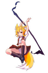 Rule 34 | 1girl, animal ear fluff, animal ears, arms up, asymmetrical hair, blonde hair, boots, brown eyes, brown footwear, brown skirt, brown vest, collared shirt, commentary request, cookie (touhou), cross-laced footwear, fox ears, fox girl, fox tail, full body, highres, holding, holding scythe, jumping, looking at viewer, medium hair, miramikaru riran, navel, open mouth, panties, pantyshot, scythe, shirt, short sleeves, sidelocks, simple background, skirt, solo, tail, underwear, vest, white background, white panties, white shirt, yan pai
