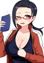 Rule 34 | 1girl, absurdres, black hair, blush, breasts, cleavage, demi-chan wa kataritai, highres, huge breasts, in heat, looking at viewer, motion lines, notebook, one eye closed, open mouth, red-framed eyewear, satou sakie, sportswear, sweat, the only shoe, upper body, white background