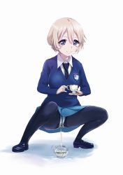 Rule 34 | 1girl, black footwear, black necktie, black pantyhose, blonde hair, blue eyes, blue skirt, blue sweater, blush, blush stickers, braid, breasts, casual peeing, closed mouth, cup, darjeeling (girls und panzer), female focus, full body, girls und panzer, glass, hands up, happy, happy peeing, holding, long sleeves, looking down, lunalu9, medium breasts, miniskirt, necktie, panties, panties under pantyhose, pantyhose, peeing, peeing in cup, peeing self, pleated skirt, purposeful wetting, shirt, shoes, short hair, simple background, skirt, smile, solo, spread legs, squatting, sweater, teacup, teapot, thighband pantyhose, transparent, underwear, upskirt, white background, white panties, white shirt