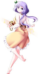 Rule 34 | 0-den, 1girl, absurdres, barefoot, dress, closed eyes, flower, frilled dress, frills, from behind, full body, hair flower, hair ornament, highres, instrument, leaf hair ornament, long hair, long sleeves, looking at viewer, lute (instrument), musical note, pink flower, purple eyes, purple hair, simple background, smile, solo, touhou, tsukumo benben, white background, yellow dress